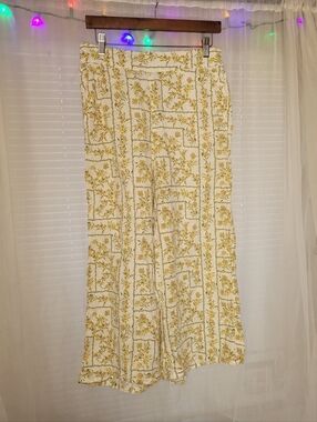 100% Linen Wide Leg Pants Medium White Floral High Rise Pockets Cottagecore Boho